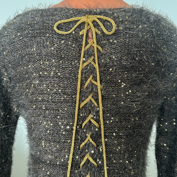 NUAGE Sequin Knit Lace-up Sweater in Brown/Gold size Small - Picture 3 of 4